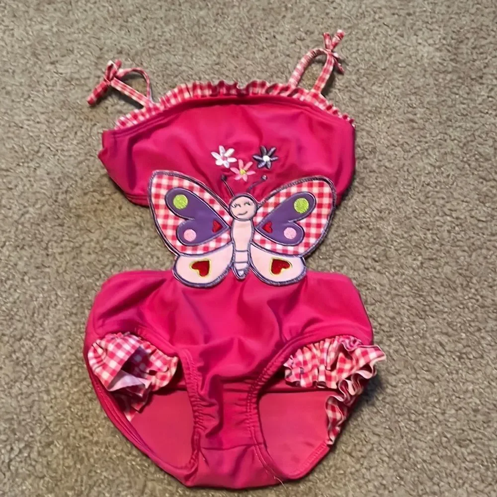 Joe Boxer Pink/white Gingham Butterfly Cutout Purple Red Green Ruffle Swimsuit-3